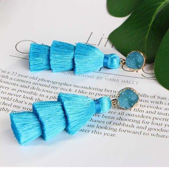 14K Yellow Gold with Sky Blue Silk Thread Tassel and Quartz Druzy Post Earrings - Picture 2 of 8